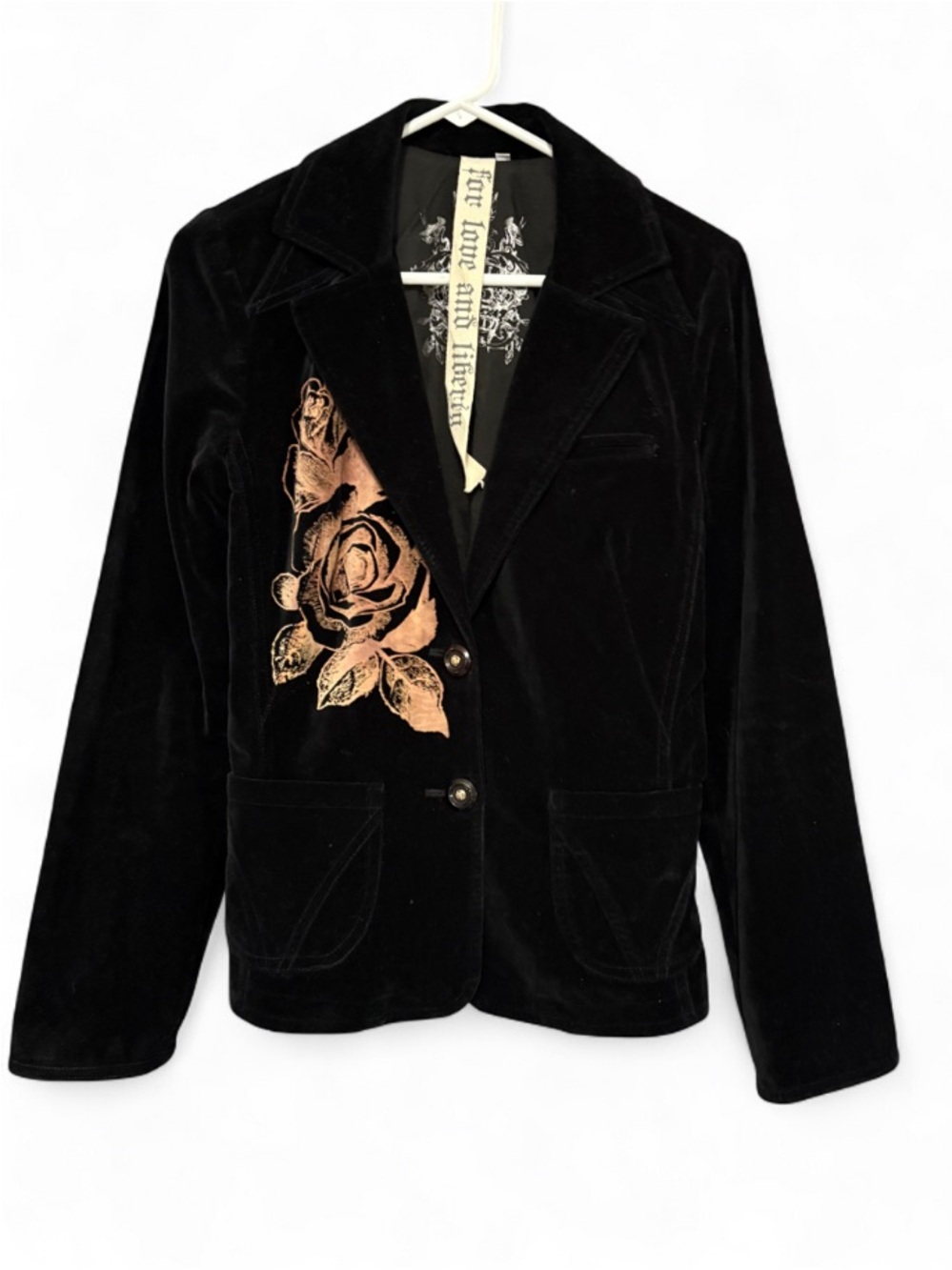 For Love and Liberty Black Velvet Floral Cameo Rhinestones Blazer Jacket